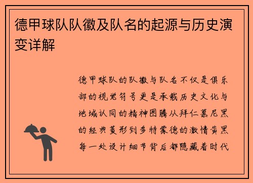 德甲球队队徽及队名的起源与历史演变详解