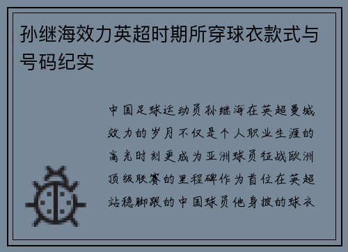 孙继海效力英超时期所穿球衣款式与号码纪实
