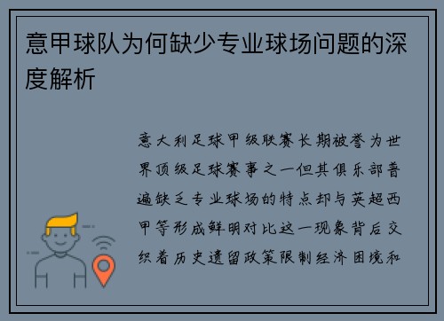 意甲球队为何缺少专业球场问题的深度解析